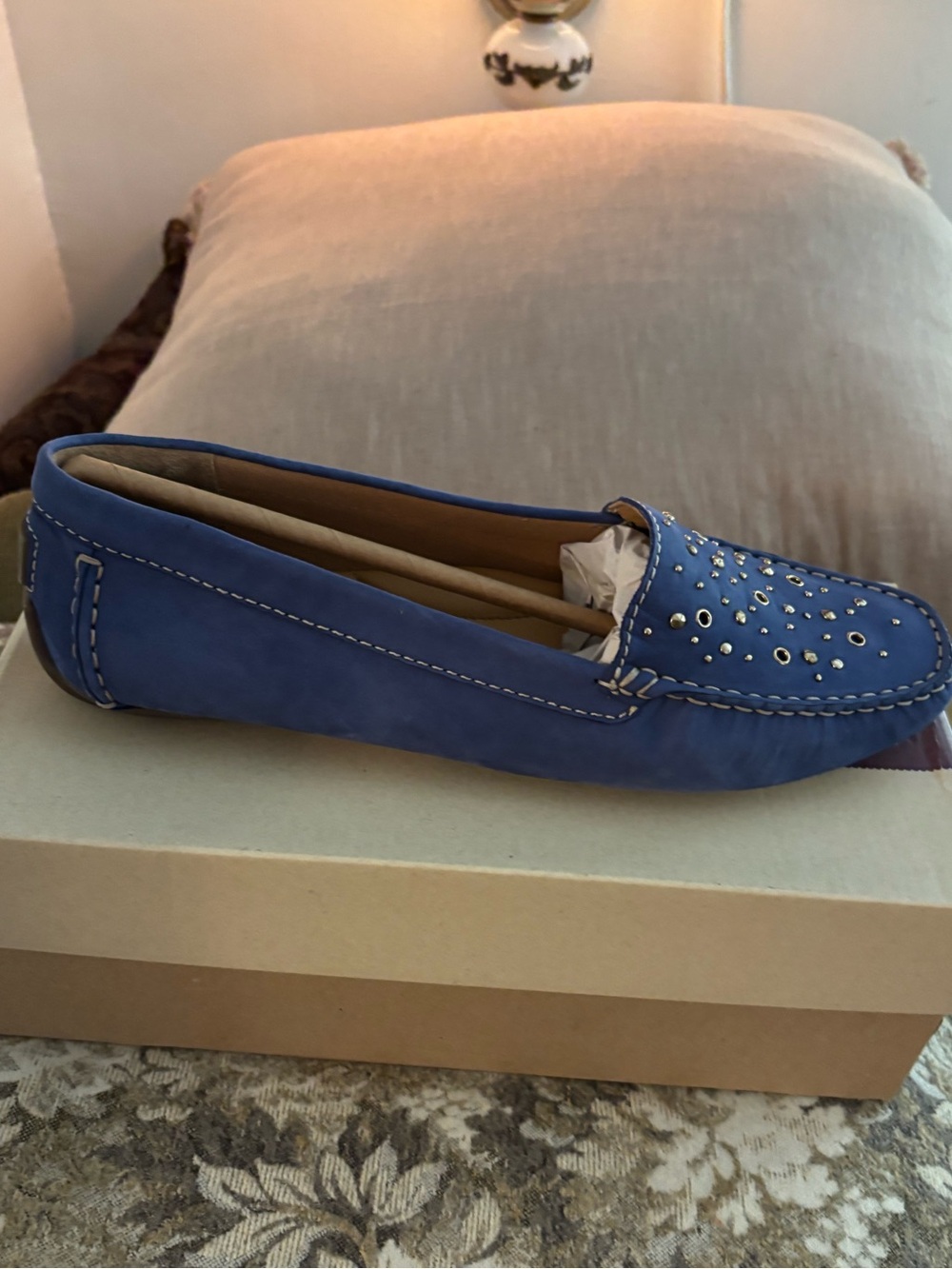 Clark’s Gold Studded Blue Suede Women’s Driving Moccasins